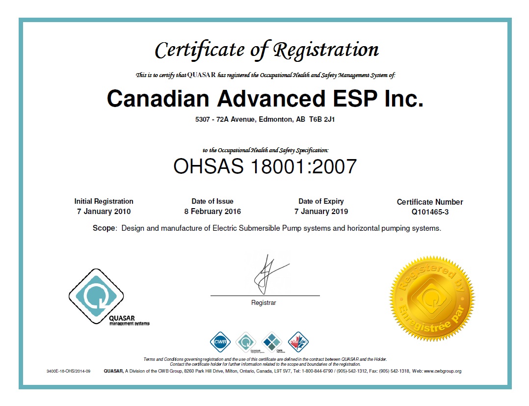 Certifications Canadian Advanced ESP Inc